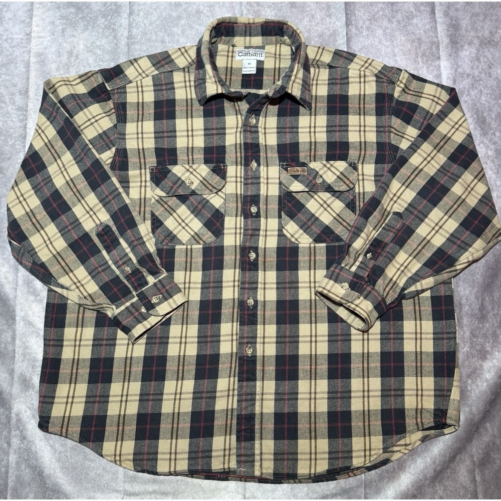 Men's CARHARTT Cotton Plaid Flannel Heavy Duty Button Up Shirt XL